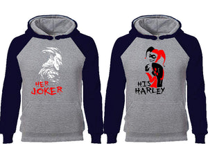 Her Joker His Harley couple hoodies, raglan hoodie. Navy Blue Grey hoodie mens, Navy Blue Grey red hoodie womens. 