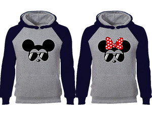 Mickey Minnie couple hoodies, raglan hoodie. Navy Blue Grey hoodie mens, Navy Blue Grey red hoodie womens. 