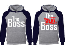 將圖片載入圖庫檢視器 The Boss The Real Boss couple hoodies, raglan hoodie. Navy Blue Grey hoodie mens, Navy Blue Grey red hoodie womens. 

