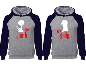 Her Jack His Sally couple hoodies, raglan hoodie. Navy Blue Grey hoodie mens, Navy Blue Grey red hoodie womens. 