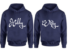 Charger l&#39;image dans la galerie, Hubby and Wifey hoodies, Matching couple hoodies, Navy Blue pullover hoodies
