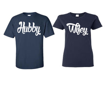 Load image into Gallery viewer, Hubby and Wifey matching couple shirts.Couple shirts, Navy Blue t shirts for men, t shirts for women. Couple matching shirts.
