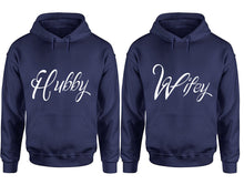 Cargar imagen en el visor de la galería, Hubby and Wifey hoodies, Matching couple hoodies, Navy Blue pullover hoodies

