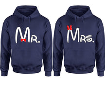 Cargar imagen en el visor de la galería, Mr Mrs hoodie, Matching couple hoodies, Navy Blue pullover hoodies. Couple jogger pants and hoodies set.
