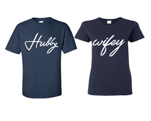 Hubby Wifey matching couple shirts.Couple shirts, Navy Blue t shirts for men, t shirts for women. Couple matching shirts.