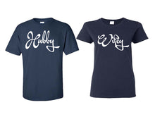 Görseli Galeri görüntüleyiciye yükleyin, Hubby and Wifey matching couple shirts.Couple shirts, Navy Blue t shirts for men, t shirts for women. Couple matching shirts.
