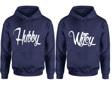 Cargar imagen en el visor de la galería, Hubby and Wifey hoodies, Matching couple hoodies, Navy Blue pullover hoodies
