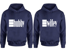 Load image into Gallery viewer, Hubby and Wifey hoodies, Matching couple hoodies, Navy Blue pullover hoodies
