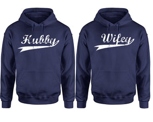 Hubby Wifey hoodie, Matching couple hoodies, Navy Blue pullover hoodies. Couple jogger pants and hoodies set.