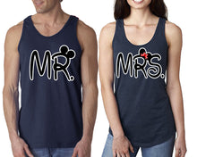 Load image into Gallery viewer, Mr Mrs  matching couple tank tops. Couple shirts, Navy Blue tank top for men, tank top for women. Cute shirts.

