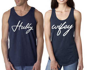 Hubby Wifey  matching couple tank tops. Couple shirts, Navy Blue tank top for men, tank top for women. Cute shirts.