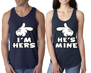 I'm Hers He's Mine  matching couple tank tops. Couple shirts, Navy Blue tank top for men, tank top for women. Cute shirts.