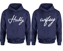 Cargar imagen en el visor de la galería, Hubby Wifey hoodie, Matching couple hoodies, Navy Blue pullover hoodies. Couple jogger pants and hoodies set.
