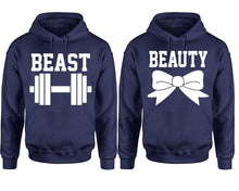 Cargar imagen en el visor de la galería, Beast Beauty hoodie, Matching couple hoodies, Navy Blue pullover hoodies. Couple jogger pants and hoodies set.

