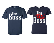 Load image into Gallery viewer, The Boss The Real Boss matching couple shirts.Couple shirts, Navy Blue t shirts for men, t shirts for women. Couple matching shirts.
