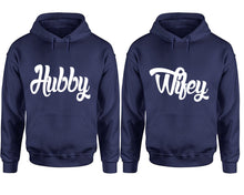 將圖片載入圖庫檢視器 Hubby and Wifey hoodies, Matching couple hoodies, Navy Blue pullover hoodies
