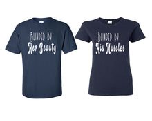 Load image into Gallery viewer, Blinded by Her Beauty and Blinded by His Muscles matching couple shirts.Couple shirts, Navy Blue t shirts for men, t shirts for women. Couple matching shirts.
