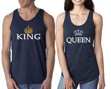 Load image into Gallery viewer, King Queen  matching couple tank tops. Couple shirts, Navy Blue tank top for men, tank top for women. Cute shirts.
