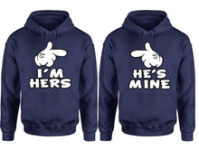 Cargar imagen en el visor de la galería, I&#39;m Hers He&#39;s Mine hoodie, Matching couple hoodies, Navy Blue pullover hoodies. Couple jogger pants and hoodies set.
