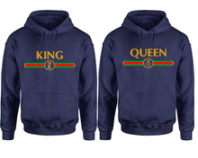 Cargar imagen en el visor de la galería, King Queen hoodie, Matching couple hoodies, Navy Blue pullover hoodies. Couple jogger pants and hoodies set.

