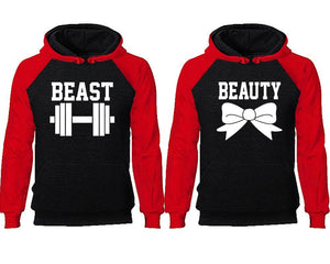 Beast Beauty couple hoodies, raglan hoodie. Red Black hoodie mens, Red Black red hoodie womens. 