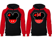 Load image into Gallery viewer, Mickey Minnie couple hoodies, raglan hoodie. Red Black hoodie mens, Red Black red hoodie womens. 
