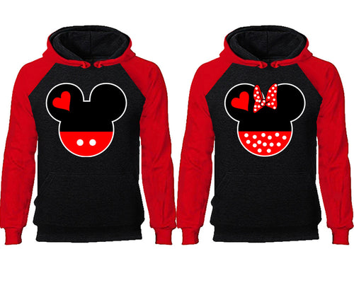 Mickey Minnie couple hoodies, raglan hoodie. Red Black hoodie mens, Red Black red hoodie womens. 