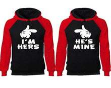 Cargar imagen en el visor de la galería, I&#39;m Hers He&#39;s Mine couple hoodies, raglan hoodie. Red Black hoodie mens, Red Black red hoodie womens. 
