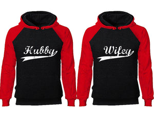 Hubby Wifey couple hoodies, raglan hoodie. Red Black hoodie mens, Red Black red hoodie womens. 