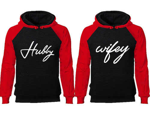 Hubby Wifey couple hoodies, raglan hoodie. Red Black hoodie mens, Red Black red hoodie womens. 