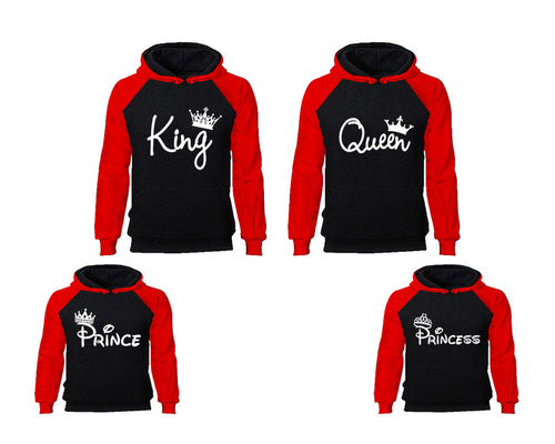 King Queen, Prince and Princess. Matching family outfits. Red Black adults, kids pullover hoodie.