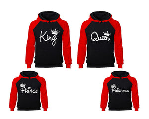 King Queen, Prince and Princess. Matching family outfits. Red Black adults, kids pullover hoodie.