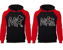 Load image into Gallery viewer, Mr Mrs couple hoodies, raglan hoodie. Red Black hoodie mens, Red Black red hoodie womens. 
