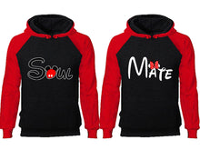 Load image into Gallery viewer, Soul Mate couple hoodies, raglan hoodie. Red Black hoodie mens, Red Black red hoodie womens. 
