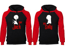Cargar imagen en el visor de la galería, Her Jack His Sally couple hoodies, raglan hoodie. Red Black hoodie mens, Red Black red hoodie womens. 
