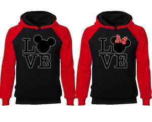 LOVE couple hoodies, raglan hoodie. Red Black hoodie mens, Red Black red hoodie womens. 