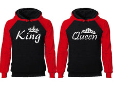 Load image into Gallery viewer, King Queen couple hoodies, raglan hoodie. Red Black hoodie mens, Red Black red hoodie womens. 
