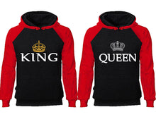 Load image into Gallery viewer, King Queen couple hoodies, raglan hoodie. Red Black hoodie mens, Red Black red hoodie womens. 
