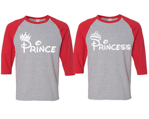 Prince and Princess matching couple baseball shirts.Couple shirts, Red Grey 3/4 sleeve baseball t shirts. Couple matching shirts.