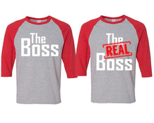 Load image into Gallery viewer, The Boss and The Real Boss matching couple baseball shirts.Couple shirts, Red Grey 3/4 sleeve baseball t shirts. Couple matching shirts.
