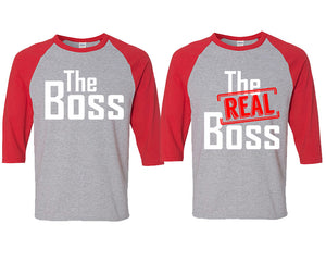 The Boss and The Real Boss matching couple baseball shirts.Couple shirts, Red Grey 3/4 sleeve baseball t shirts. Couple matching shirts.