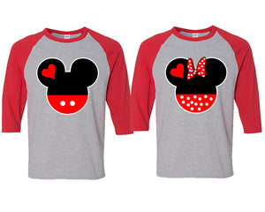 Mickey and Minnie matching couple baseball shirts.Couple shirts, Red Grey 3/4 sleeve baseball t shirts. Couple matching shirts.