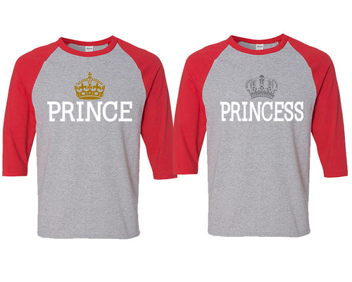 Prince and Princess matching couple baseball shirts.Couple shirts, Red Grey 3/4 sleeve baseball t shirts. Couple matching shirts.