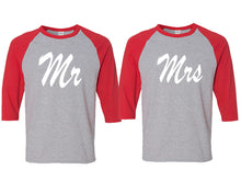 Cargar imagen en el visor de la galería, Mr and Mrs matching couple baseball shirts.Couple shirts, Red Grey 3/4 sleeve baseball t shirts. Couple matching shirts.
