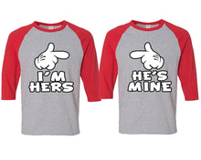 Load image into Gallery viewer, I&#39;m Hers and He&#39;s Mine matching couple baseball shirts.Couple shirts, Red Grey 3/4 sleeve baseball t shirts. Couple matching shirts.
