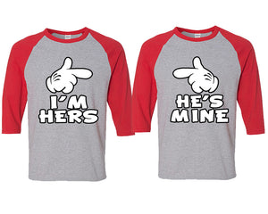 I'm Hers and He's Mine matching couple baseball shirts.Couple shirts, Red Grey 3/4 sleeve baseball t shirts. Couple matching shirts.
