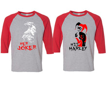 Cargar imagen en el visor de la galería, Her Joker and His Harley matching couple baseball shirts.Couple shirts, Red Grey 3/4 sleeve baseball t shirts. Couple matching shirts.
