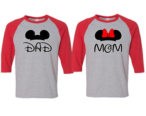 Dad and Mom matching couple baseball shirts.Couple shirts, Red Grey 3/4 sleeve baseball t shirts. Couple matching shirts.