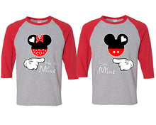 Load image into Gallery viewer, She&#39;s Mine and He&#39;s Mine matching couple baseball shirts.Couple shirts, Red Grey 3/4 sleeve baseball t shirts. Couple matching shirts.
