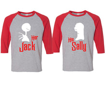 Load image into Gallery viewer, Her Jack and His Sally matching couple baseball shirts.Couple shirts, Red Grey 3/4 sleeve baseball t shirts. Couple matching shirts.
